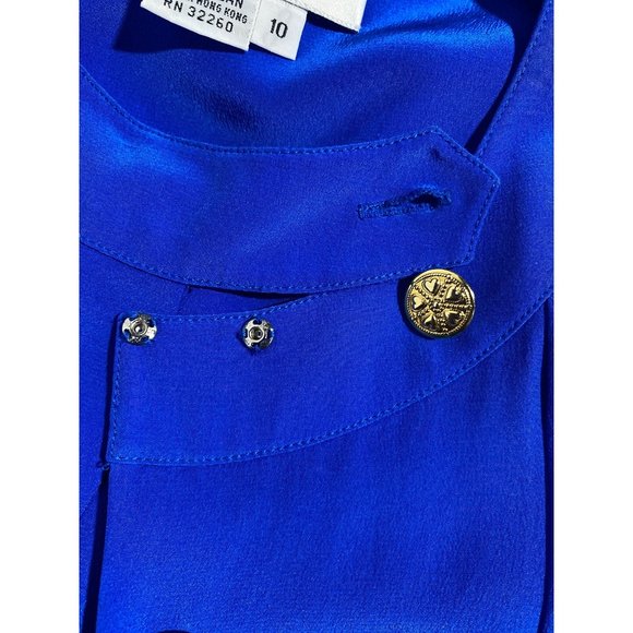 Claudia & Marc 10 Vintage Dress Royal Blue Pleated Shoulder Pad Gold Button - Picture 5 of 7